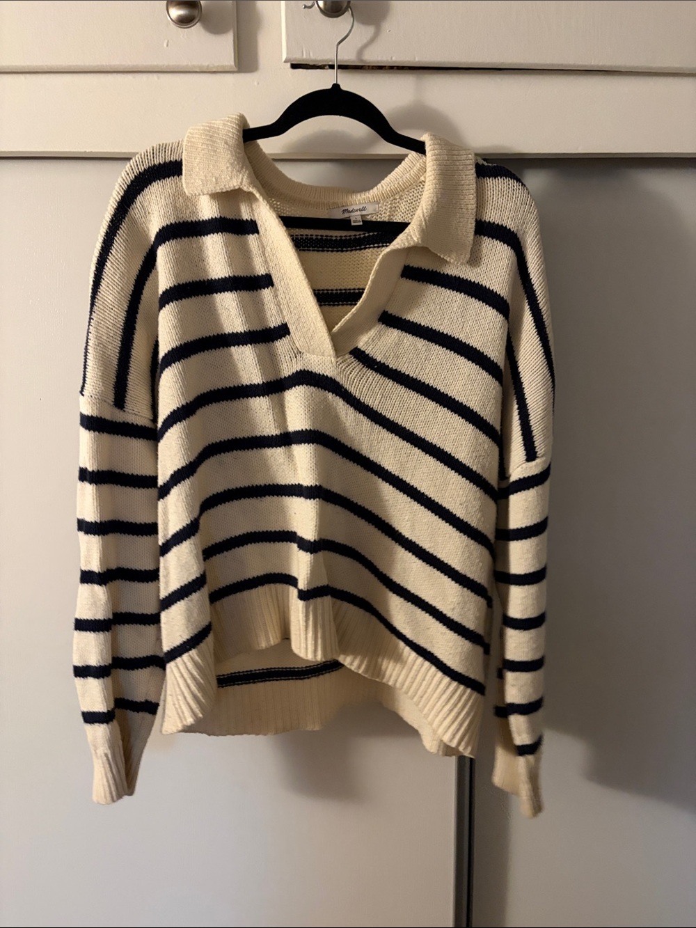 Madewell Cream and Navy Striped Collared V-Neck Pullover